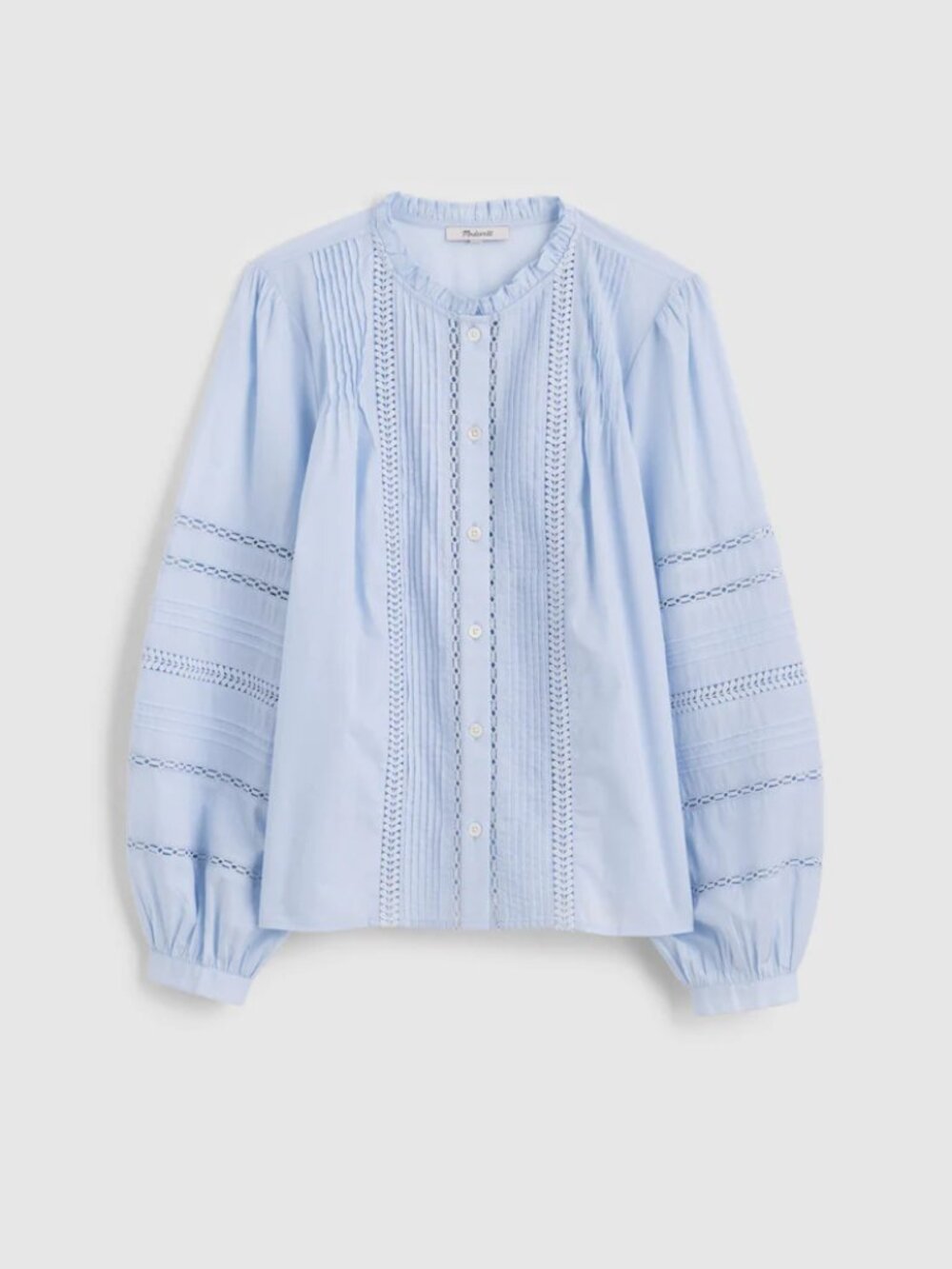 Madewell Lace-Insert High-Neck Pintuck Top NEW Medium Soft Blue
